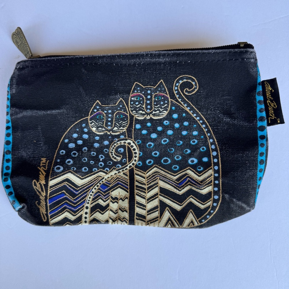 Polka Dot Gatos Laurel Burch Small Black Canvas Cosmetic Pencil Bag Zip Top
